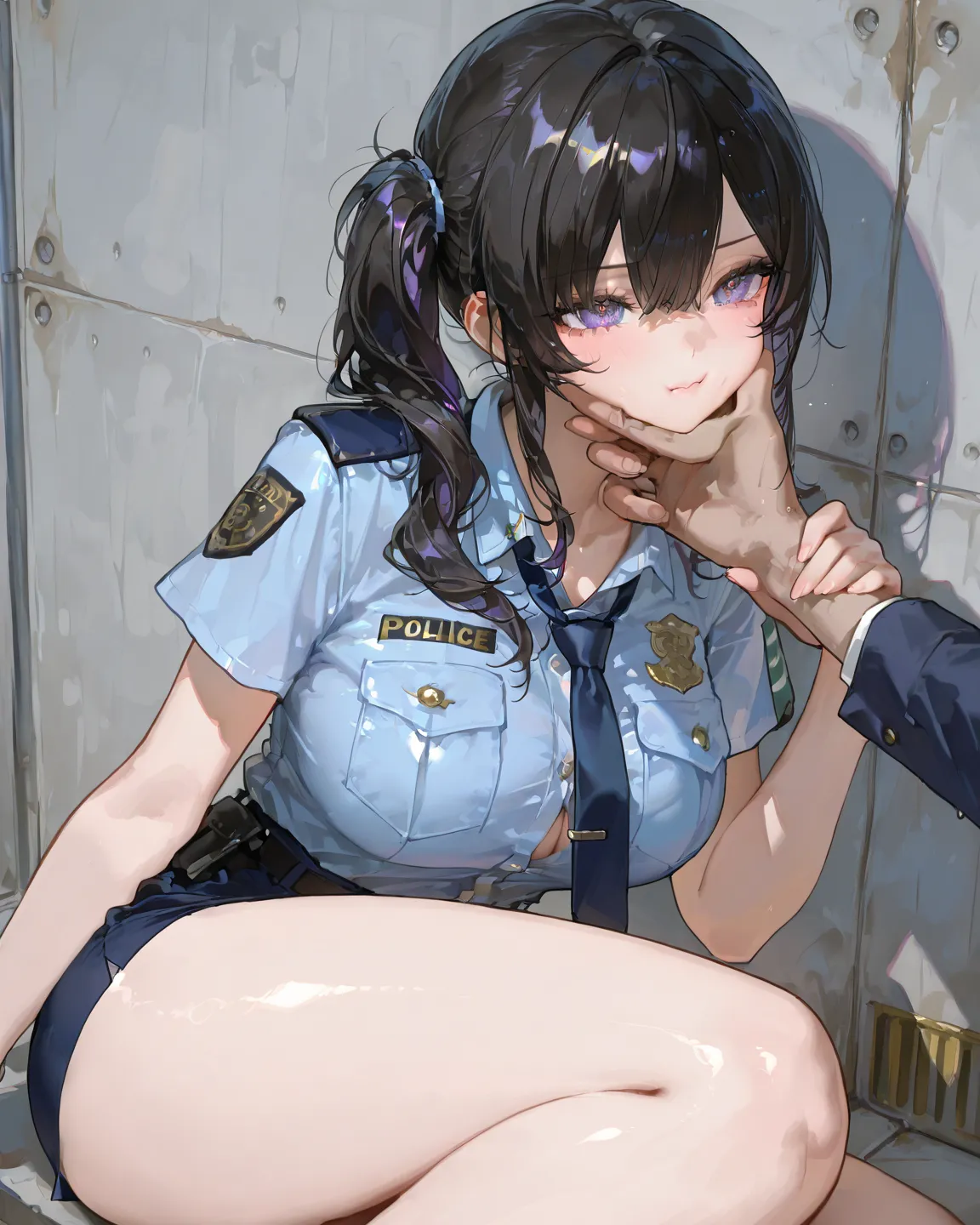 1 girl, japanese, police girl, shiny skin, large breasts, beautiful face, beautiful detailed eyes, (long hair:1.5, side ponytail:1.7), black hair, bangs, lavender eyes
beautiful clavicle, beautiful body, beautiful chest, beautiful thighs, beautiful legs, f...