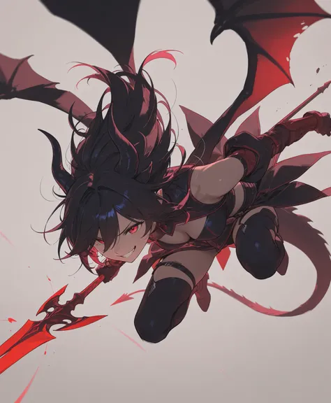 full body、 fight scene、simple background、dynamic、Superb details、high image quality during sick leave、Face off against dragons、fearless smile、spear