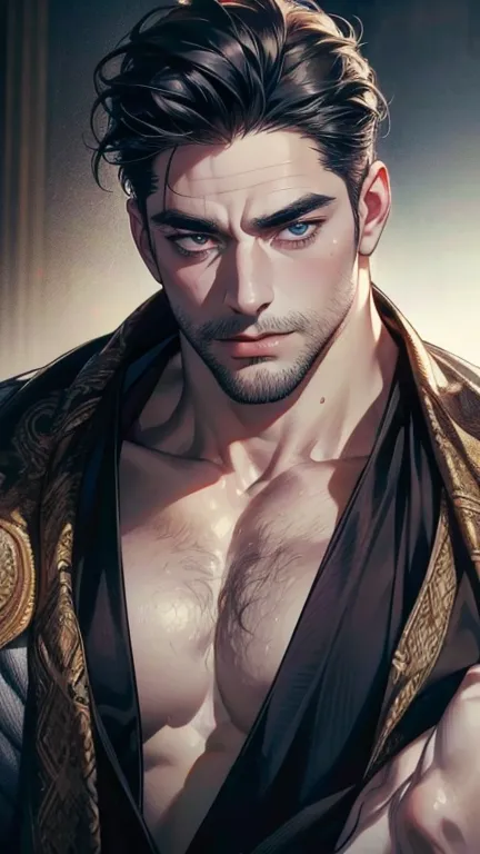 (       ,4K,8k,       highres,       masterpiece :1.2),       ultra-detailed    ,(Realistic,photoRealistic,photo-Realistic:1.37),36-year-old man,3 day beard,Beautiful anime,Portraits,strong,masculine,         with black hair  ,sharp jaw,              mesme...