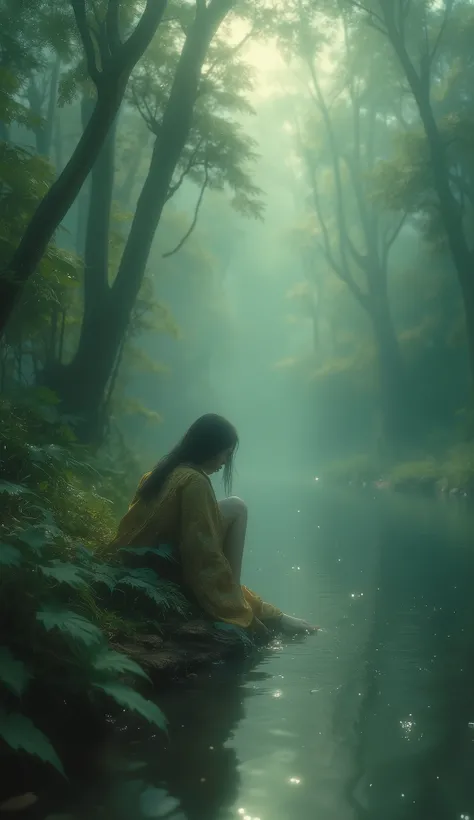 (best quality, ultra-detailed, cinematic lighting), a woman sitting by a foggy forest river, soft mist rising, gentle ripples in the water, earthy tones, peaceful and moody atmosphere, hyper-realistic textures, immersive depth, fine art composition