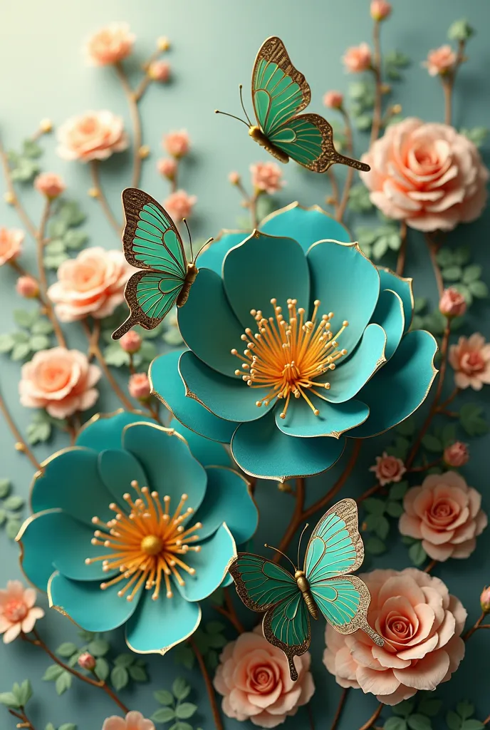 Here's another color variation:

Prompt:
"A stunning 3D paper art-style composition featuring delicate emerald green and gold butterflies fluttering around elegant dark teal flowers with golden edges. The flowers have soft, curved petals with intricate gol...