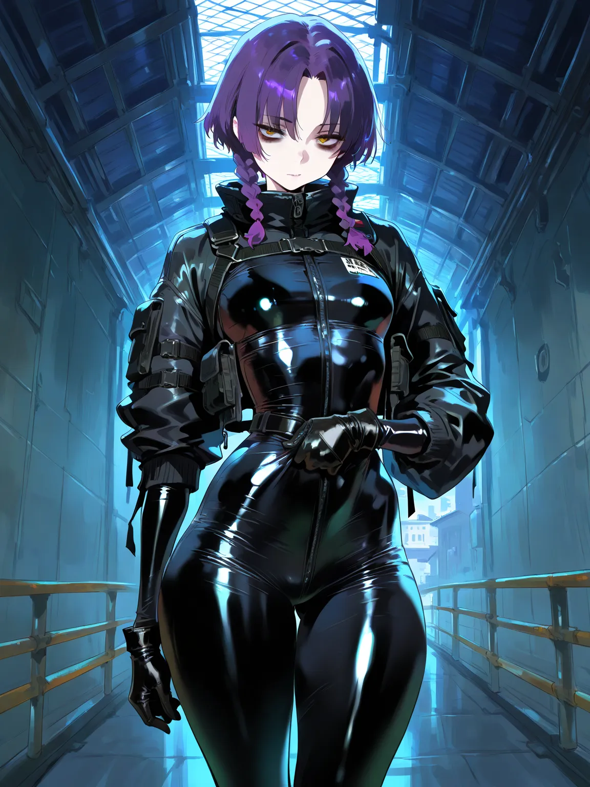 (NSFW, masterpiece, best quality, amazing quality, very aesthetic\),bridge, buildings, metal walls, metal roof, 1woman, solo, short hair, purple hair, pale skin, bags under the eyes, parted bangs, double braids, black Tight-fitting bodysuit, small breasts,...