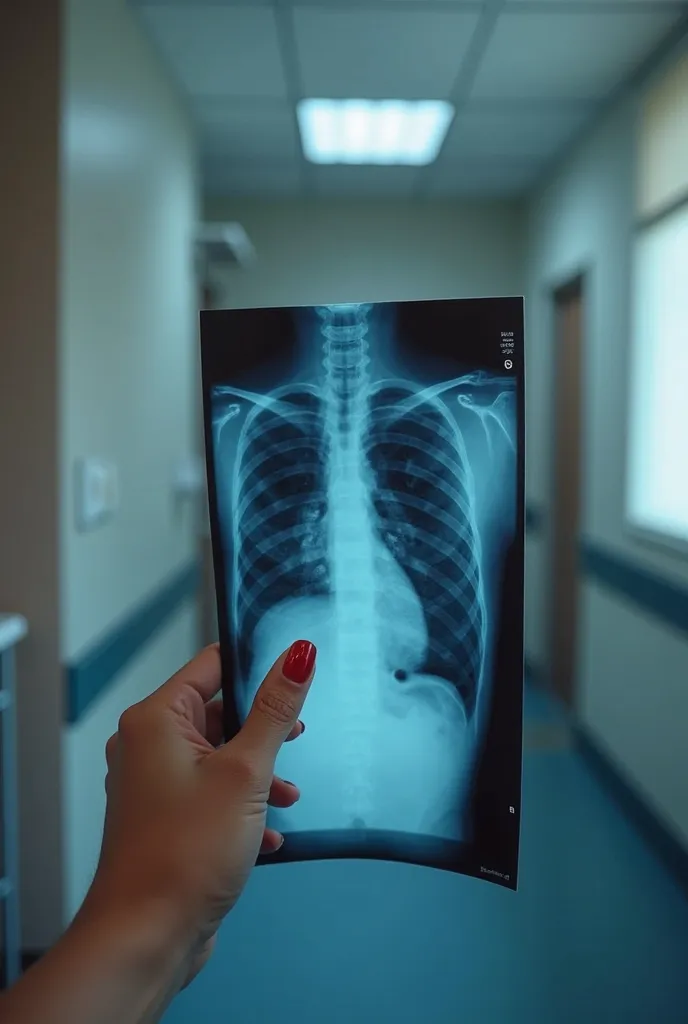 First person photograph of a female hand with painted nails holding a chest x-ray toward the light. Background of a hospital room. Room lighting. Extremely realistic 