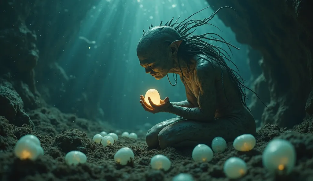 A cinematic 4K scene depicting a strange fish-woman approaching one of the translucent eggs in the cavern. She treats it as if it were her , embracing and caressing it with a deep sorrow. Her actions reflect a profound sadness, as she mourns the unconsciou...