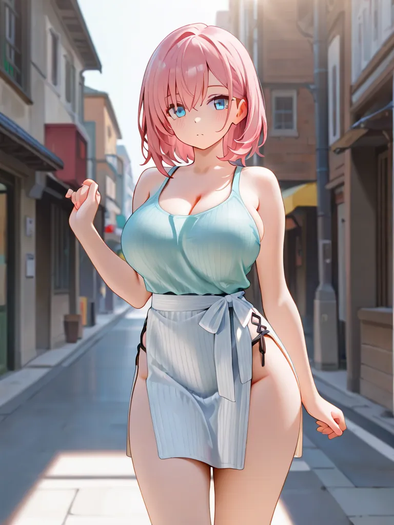 nsfw,anime,masterpiece, best quality, highly dramatic picture, beautiful eyes, cinematic lens effect, ultra cute,street background,sunlight,1girl,cowboy shot,wrap skirt,groin slit,tanktop