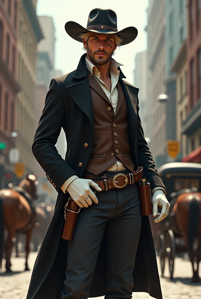 A cowboy wearing a black hat with a white stripe,  blond hair, green eyes, a scar on the right eye, a long sleeve white shirt, a brown vest, a black coat with a gold chain,  white gloves with black spots , a white belt with gun holster,  a dark greyish blu...