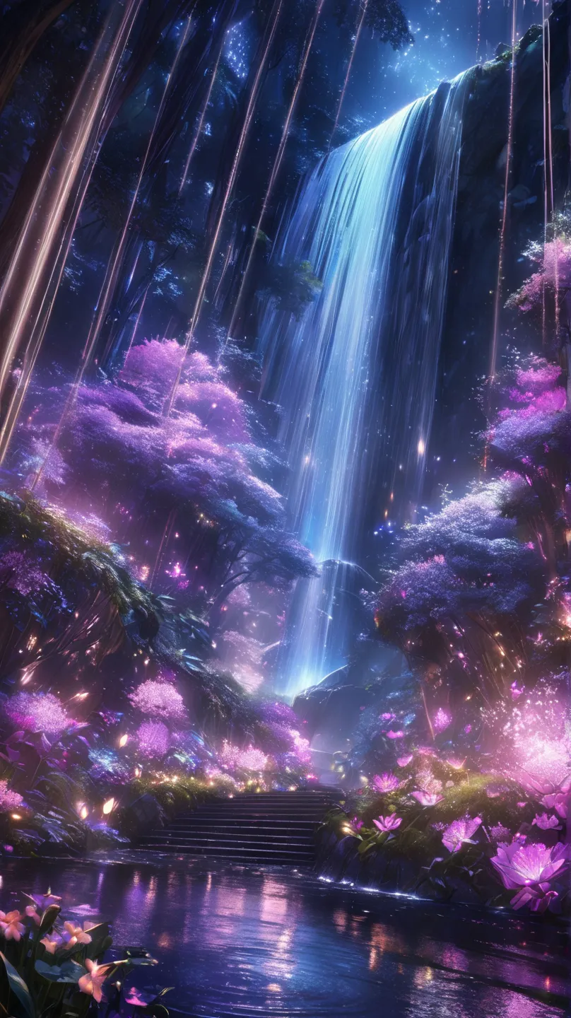 A shimmering purple|pink|blue waterfall amongst strange magical flowers, night time, sparkling fairy lights, magical,  high quality  a fairyland waterfall, realistic water, ripples, 8k