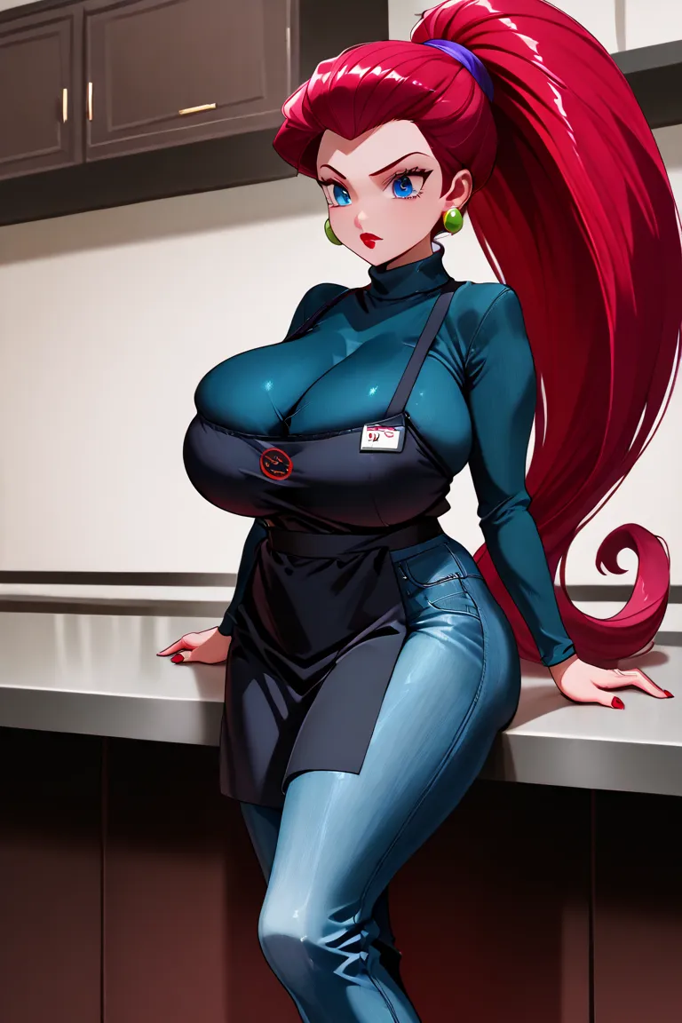 1 jessie, red hair, ponytailhair, red lipstick, blue eyes, earrings, wear a black coloured cafeteria worker apron, form fitting long apron, wear a tight sweater,( wear a wide fit jeans), standing on a counter, big breast, big cleavage, big hip, whte backgr...