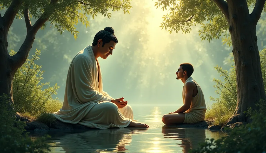 Buddha sitting calmly, smiling gently at the poor man, surrounded by peaceful nature.