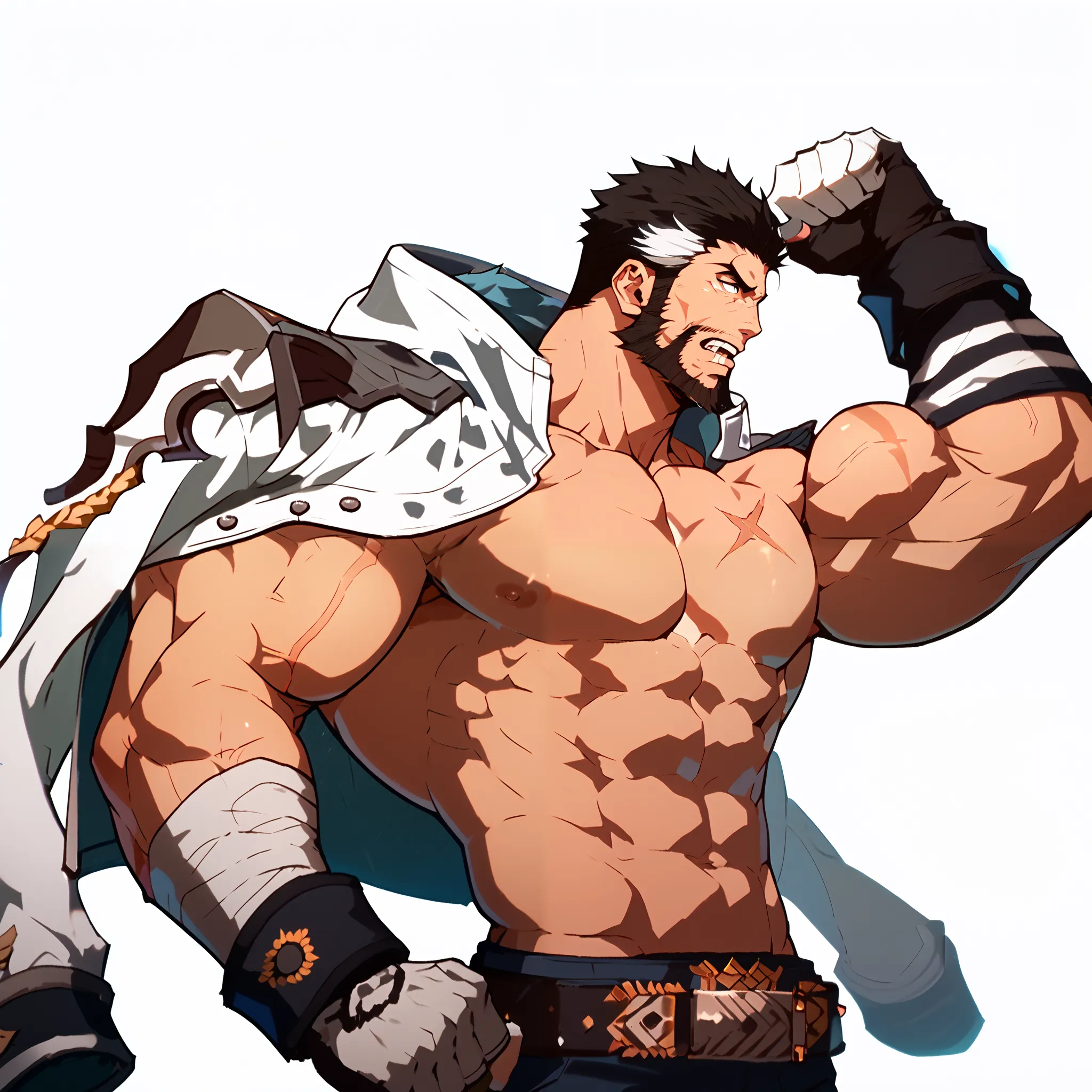 Score_9, Score_8_up, Score_7_up, Highly Detailed, fine details, White background,  1 boy , 's only,  mature male,  short hair, black hair, white streak, Gloves, jacket,  Topless ,nipple, scar,  biceps , beard, jacket on shoulders,  manhood , front,Profile,...