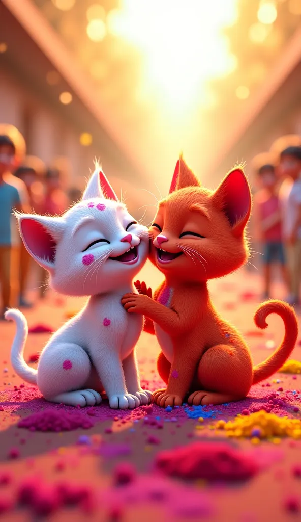 The white and red cats, now both covered in vibrant Holi colors, laughing and playing together. They splash colors on each other, surrounded by joyful celebrations. The background has a festive atmosphere with more animals and people celebrating, colorful ...