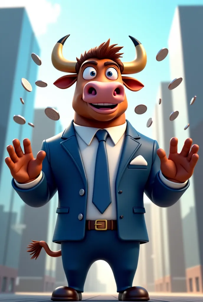 A stylish, cartoon-style anthropomorphic bull character dressed in an elegant navy-blue business suit, white shirt, and blue tie. The bull has a confident and powerful expression, with neatly styled hair and polished horns. It stands in a modern cityscape ...