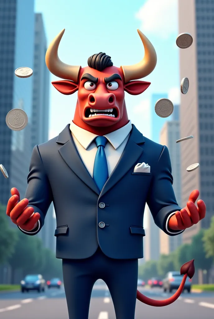 A stylish, cartoon-style anthropomorphic bull character dressed in an elegant navy-blue business suit, white shirt, and blue tie. The bull has a confident and powerful expression, with neatly styled hair and polished horns. It stands in a modern cityscape ...