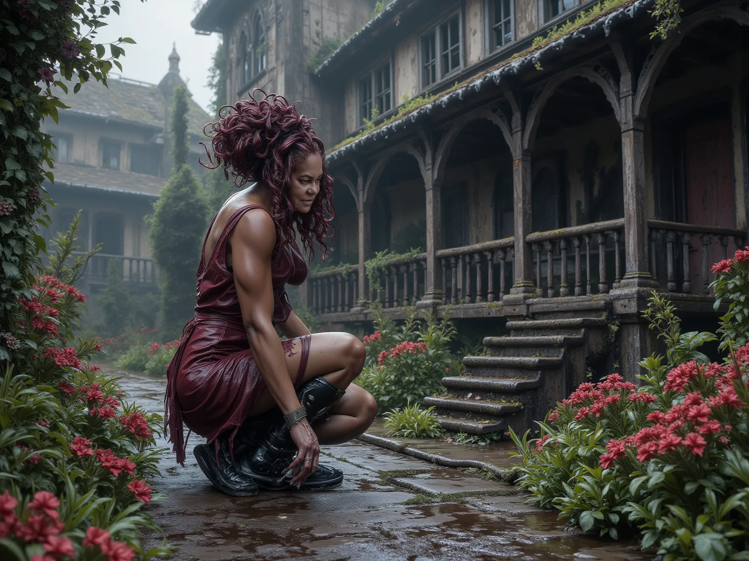 4k, realistic, very detailed, wide angle lens, moist medieval town, vibrant, fantastical plants, a big house, A curly haired burgundy colored mature woman, dressed in dirty looking lingerie, working in front of the house fixing the sidewalk looking very re...