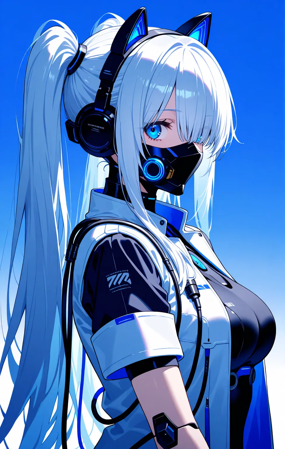   1girl  , Alone, long hair, simple background,  make-up , fake animal ears, looking at viewer,upper body,  white hair , long ponytails, open clothes, short sleeves, hair over one eyes,   side view , mouth mask,  science fiction , Cable , interval,  robot ...