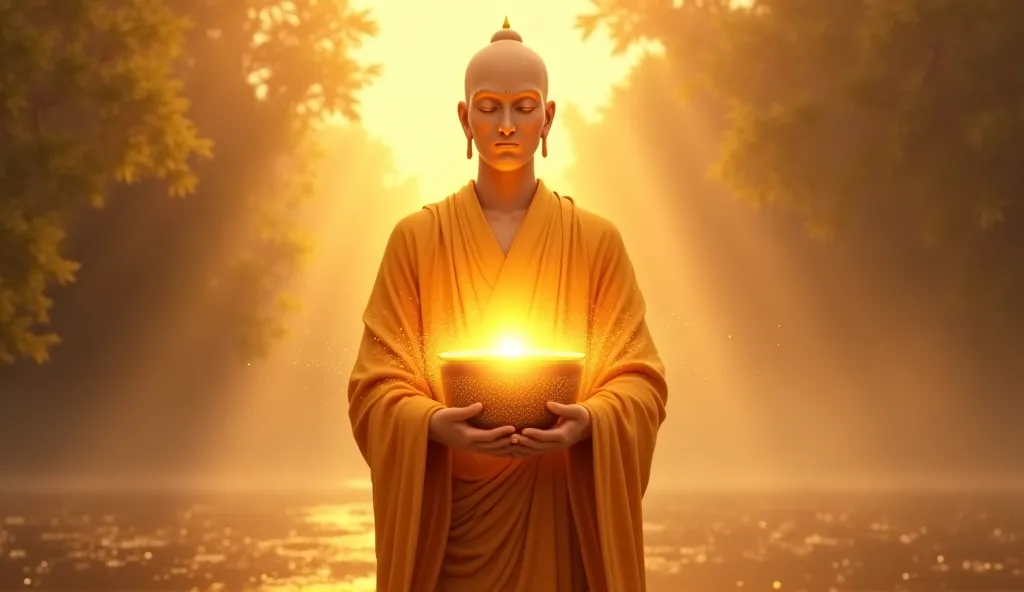 Ananda holding a glowing golden bowl, light reflecting from it.