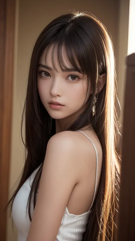 best quality . A realistic portrait of a young woman with long-length hair. Her bangs are slightly swept to the side, creating a soft and natural look. The hair is smooth and has a subtle shine, framing her face gently. The lighting is soft and natural, hi...