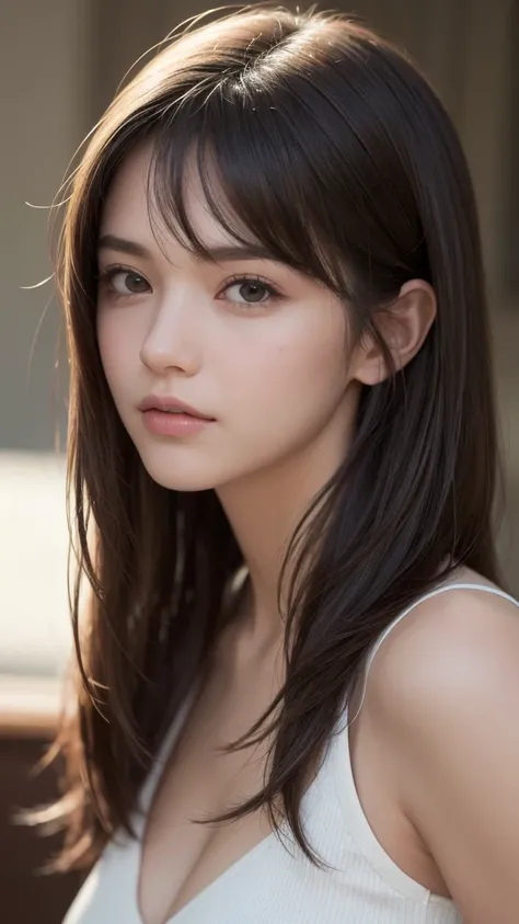 best quality . A realistic portrait of a young woman with long-length hair. Her bangs are slightly swept to the side, creating a soft and natural look. The hair is smooth and has a subtle shine, framing her face gently. The lighting is soft and natural, hi...