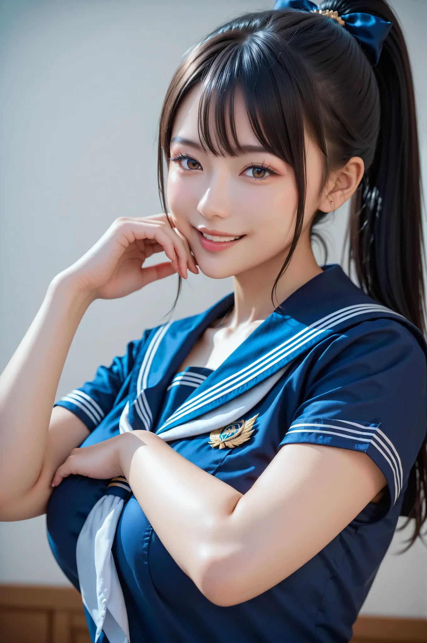  high image quality during sick leave  , 32K,  masterpiece ,  top quality , detailed beautiful face and eyes  ,  multiple beautiful Japanese women , Big Breasts,   black hair,  ponytail, Seductive Smile,navy blue sailor suit, super miniskirt, ( sexy pose:1...