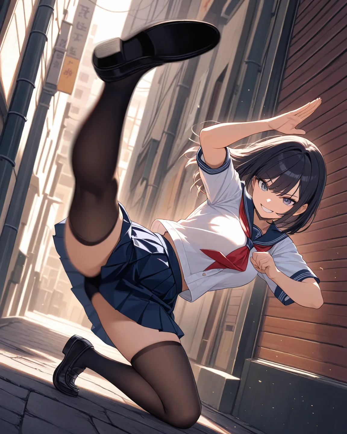 1girl,original,safe,solo,school uniform,miniskirt,perfect anatomy,grin,looking at viewer, action pose, kicking, high-kick,alley, Dutch angle,depth of field,motion blur,masterpiece,high score,great score,absurdres,