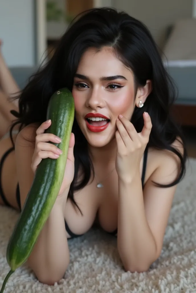 Beautiful Indonesian girl smooth skinned and white,face without makeup, wearing thin tight bikini , lying down,hand holding a large, long cucumber ,bulging eyes,opened his mouth and screamed in pain on the carpet,HD image,full body photo, full body photo a...