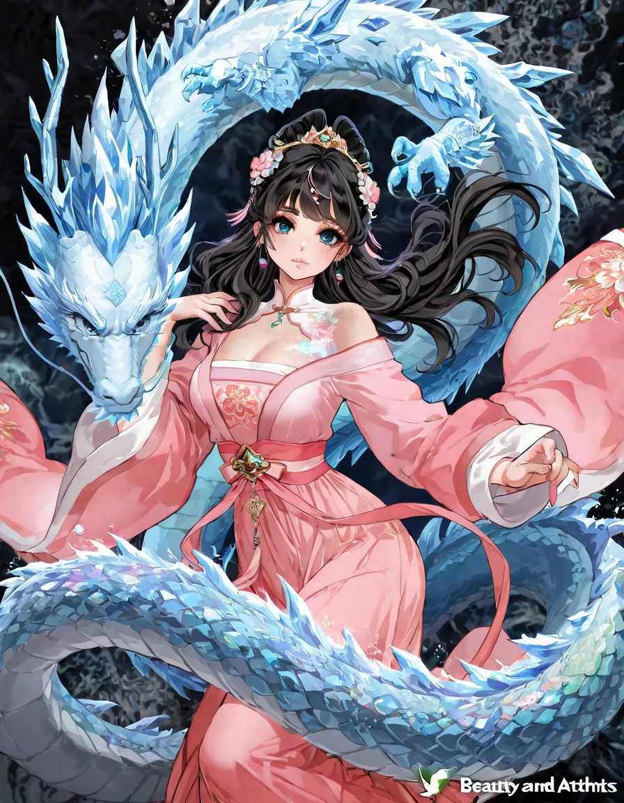 * 8k Masterpiece , top quality, best quality, Official Art, (Beauty and aesthetics: 1.3), very detailed, (Fractal Art: 1.3), colorful, Ice and Chinese Dragon ,   serpentine body, claw, Cyan and 1 Woman, Han Women's Media , Hanfu, Cyan