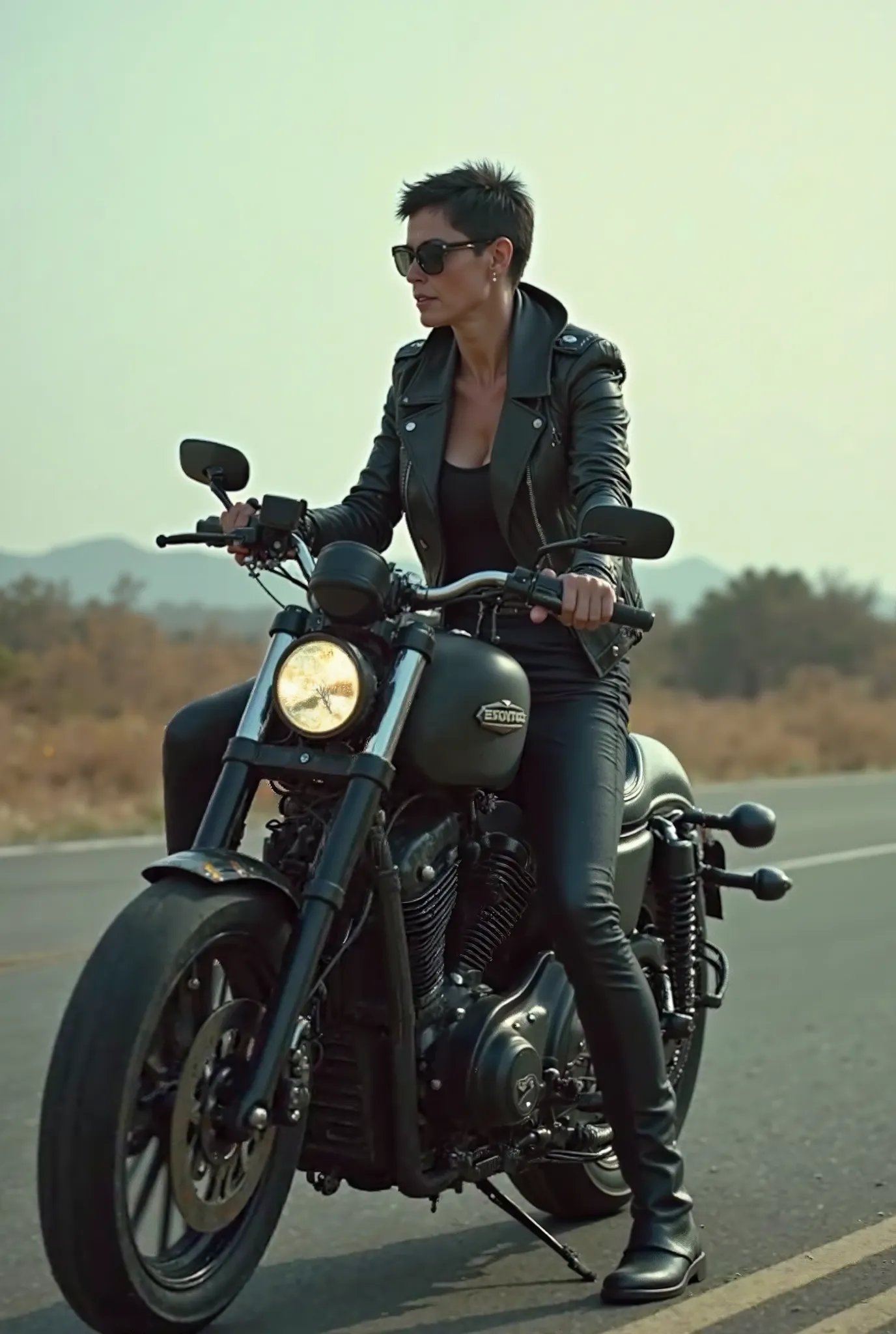  strong woman around 60 years old with very short stubby black hair angular face muscular arms sunglasses leather jacket motorcycle boots sitting on a motorcycle on the highway as in Terminator side view 