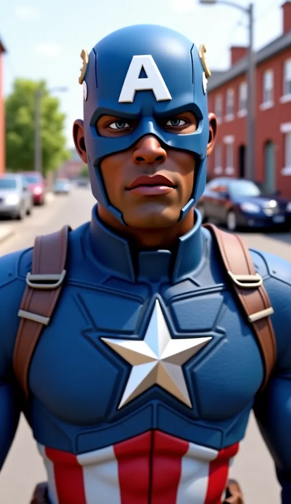 Here's a prompt adjusted to generate 
Muscular, black-skinned Captain America, modeled in 3 d. He wears a blue suit, red and white with a large three-dimensional metallic star on the chest. His face expresses deep sadness, with tears streaming down his eye...