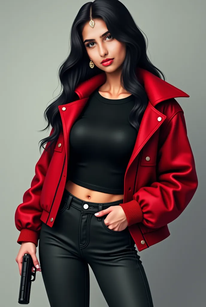 Fair skin 24 age Cute Women big chest light fatty hip light fatty waist and Big Ass in long black free hair with extremely skin tight full sleeves Black T shirt with bra line visible and Full sleeves Red Jacket and high waisted Black Denim Pant with cute S...