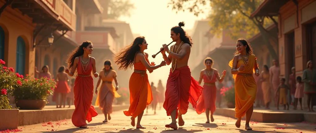 A beautiful and vibrant scene of Raadha and Krishnna enjoying playful moments with their friends in the charming lanes of Vrindavan. The atmosphere is filled with laughter and joy as they run through the narrow alleys, playing games and teasing each other....