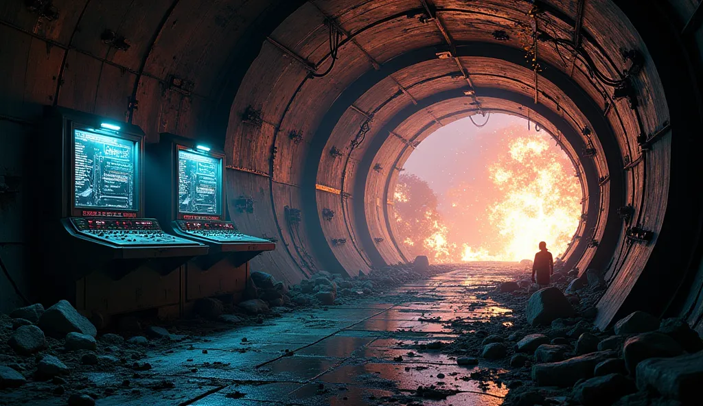 A partially destroyed underground metallic tunnel, with electrical sparks jumping from damaged panels. The floor is covered in debris and cracks, while the ceiling threatens to collapse with twisted beams and loose wires glowing with electrical discharges....