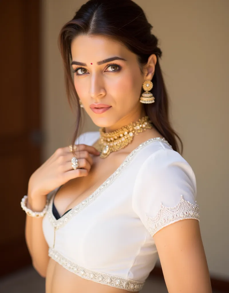 A woman wearing a traditional white Indian short sleeve choli blouse. she is unbuttoning her short sleeve choli blouse with her hand, cleavage seen, The choli blouse has delicate embroidery, enhancing the elegance of her attire. with the woman looking at t...