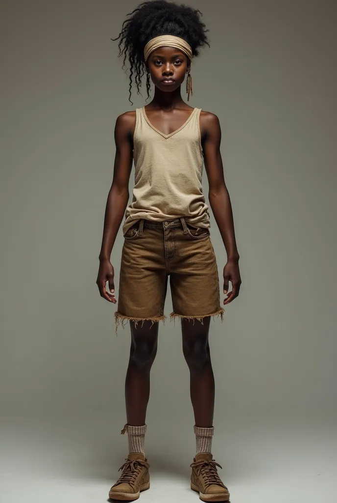 Black woman black male hair, tied cloth on the forehead, Muscular body, frayed and dirty sleeveless t-shirt, Dirty brown denim shorts, distressed and old brown sneakers, ultra realistic socks, showing full body from head to toe.