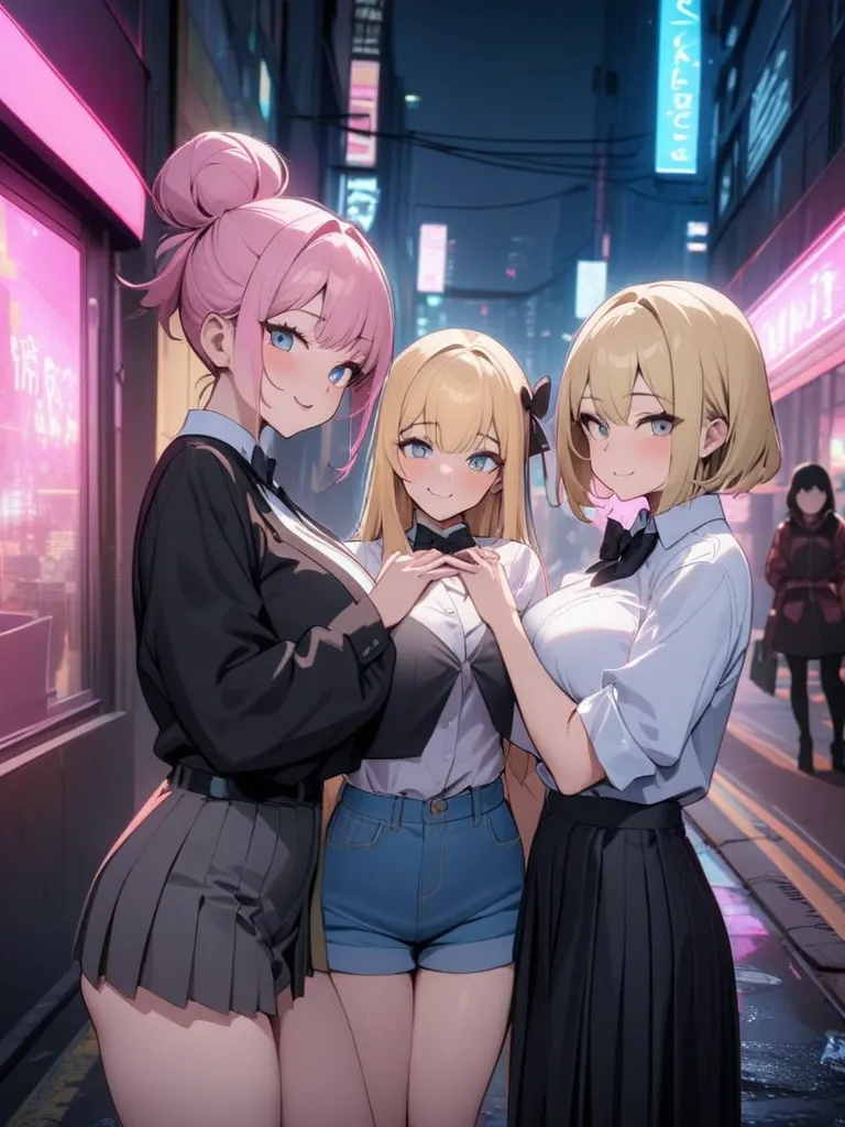 cyberpunk city,  street , night,  neon light  , neon sign, masterpiece, street photos, highres, JK, big breasts ,3girls  ,black bow,  black bow tie , blonde ,bow,bowtie, breast,hair bun,  HOLDING HANDS ,interlocking fingers,long hair,looking at viewer,some...