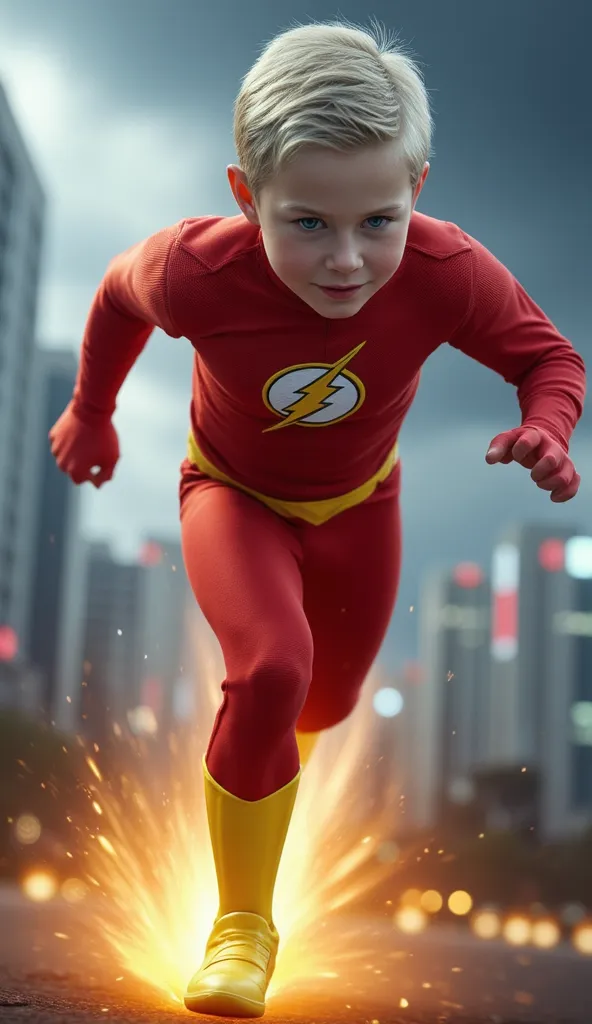 Speedster Junior ( Flash/Quicksilver)

tall: 118 cm, body is very thin and light.

skins: Pale slightly reddish, as often overheated.

Hair: Short blond or silver, looks always a little messy due to running fast.

eye: Bright blue with a slight blur effect...