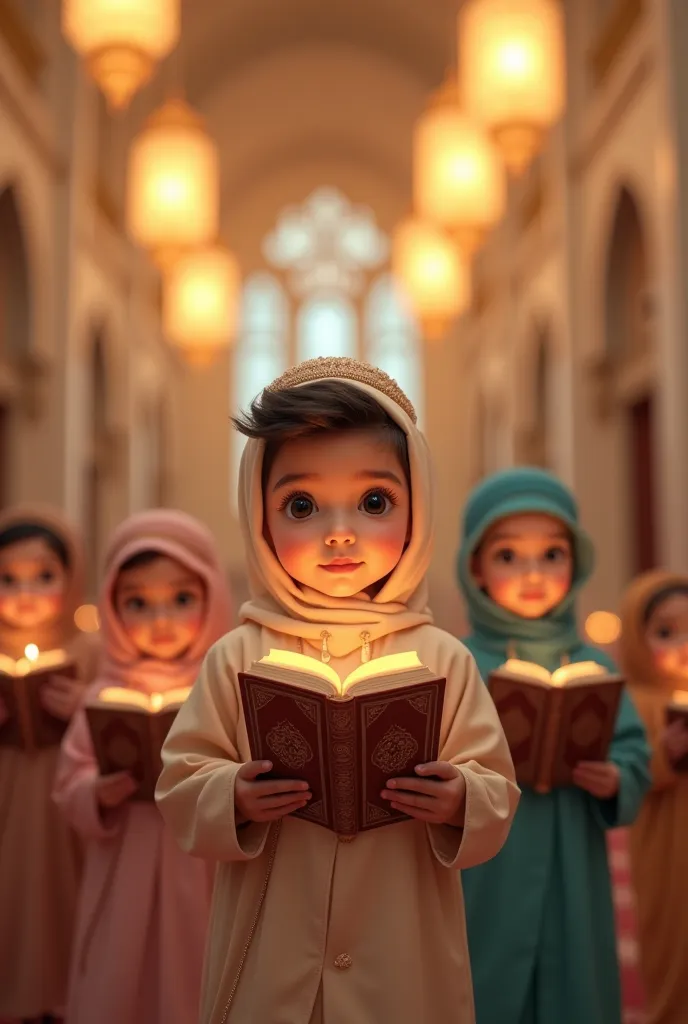 Five adorable young ren in a softly lit mosque interior, each dressed in pastel-colored traditional Islamic clothing and holding a Quran. Warm, golden ambient lighting with glowing lanterns hanging overhead, creating a peaceful, spiritual atmosphere. Highl...