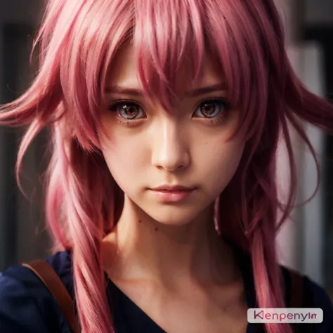 A close up of a woman with pink hair and red eyes, realistic anime art style,  Gasai Yunno , Mirai Nikki,  completely naked, retrato de la chica de Mirai Nikki, Gasai Yuno, Anime realism style,  rendered of photorealistic anime girl , anime semi realistic,...