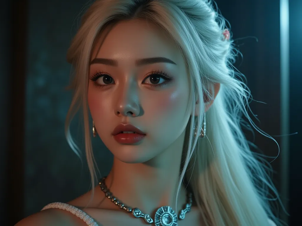 A kpop girl, Chinese, long platinum blonde hair, curtain bangs, dark brown eyes, plump lips, big eyes, pretty, 19 years old, kind of looks like Kim Jennie, NO BANGS, witch, movie like, K-pop music video like, a witch, dark , realistic