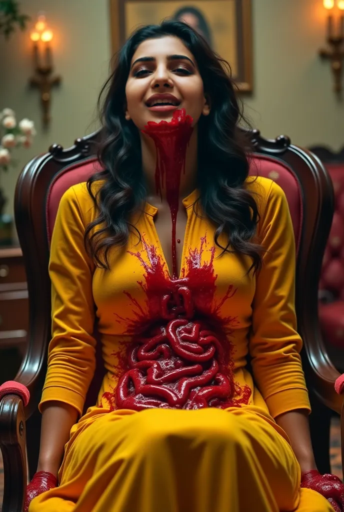 This beautiful woman ( sexy slender hourglass figure ) wearing a tight yellow kurti is brutally stabbed in her stomach by a knife. Blood splashes and her intestines spilling out of her belly. She is sitting in a easy chair in a luxurious dyning room, front...