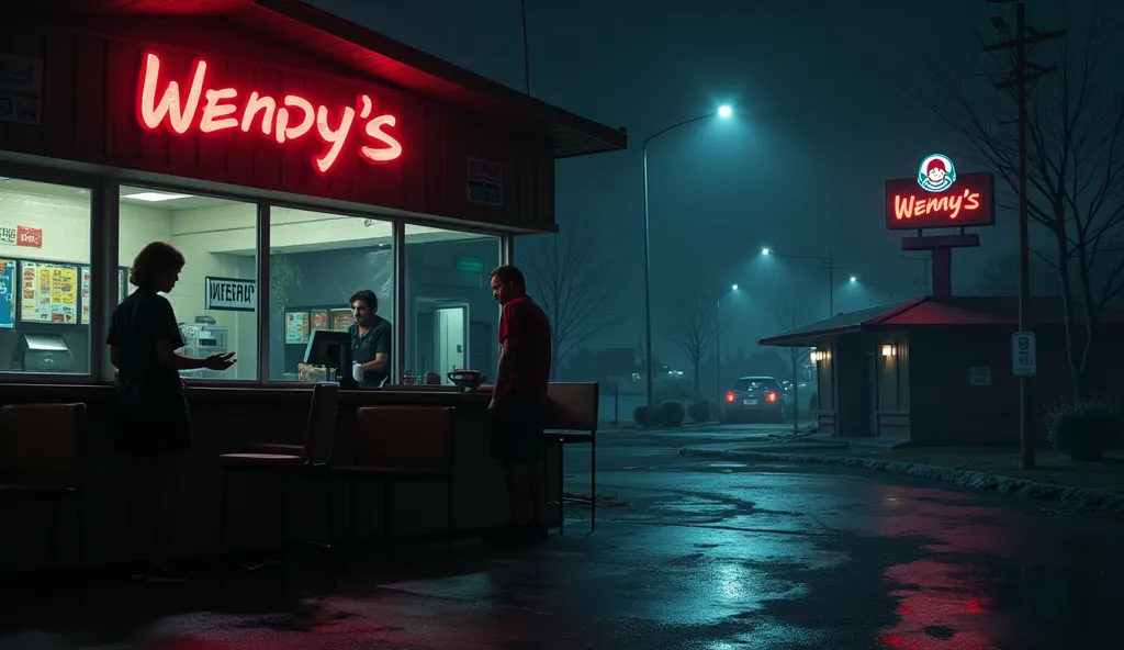 It’s a quiet night at a small-town Wendy’s. The fluorescent lights hum softly, casting an artificial glow over the empty restaurant. Laura stands behind the counter, wiping down trays while Mike restocks the napkins. In the farthest booth, a man sits alone...