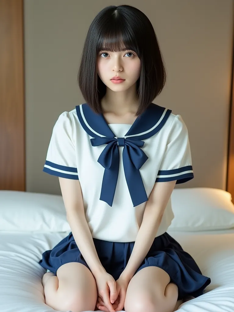 top quality, ８ｋ, professional lighting ,  small breasted girl , sexy, ( detailed face , white skin, light makeup that breaks,),  natural appearance  , straight short hair with a slanted face、pretty black hair、 delicate, ( 　small breasts:1.9)　、 ( sailor sch...