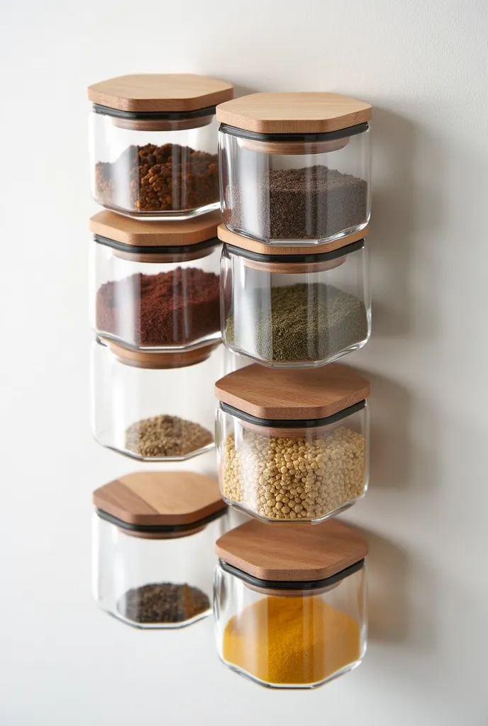 A modular set of spice containers inspired by the hexagonal structures of hives. Each The container is shaped like a hexagon and fits perfectly with the others, allowing you to create personalized combinations. Made of translucent glass with wooden or meta...