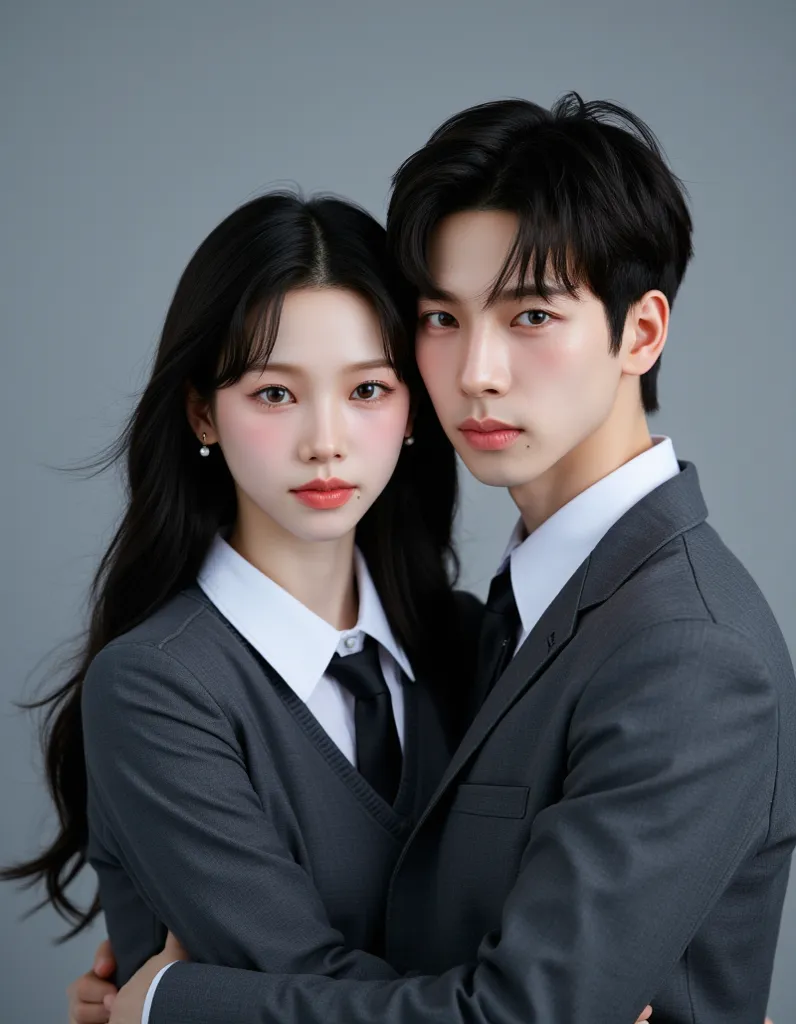 a handsome asian man and a beautiful asian girl, 1boy, 1girl, school uniform, youthful, dark hair, flawless skin, boy and girl are same height (best quality,4k,8k,highres,masterpiece:1.2),ultra-detailed,(realistic,photorealistic,photo-realistic:1.37),portr...