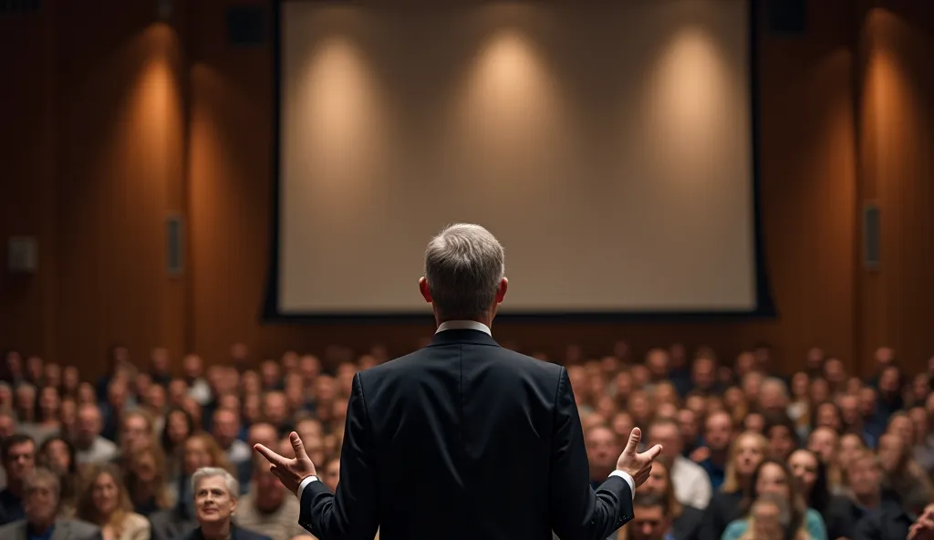 
"A man named David Maginley, a Lutheran writer and minister, and is standing in the center of the stage of a modern auditorium, telling his inspiring story to an attentive audience. He wears an elegant dark suit with a light shirt and discreet tie. His ex...