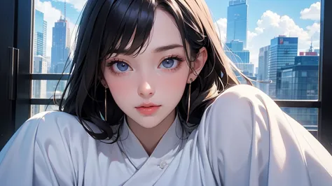 Bright daytime sky　Skyscrapers are illuminated by blue skies、The sky is clear、clouds are shining brightly above the cityscape。A skyscraper with reflective windows captures the city lights。use a bright blue palette for the sky、　女性のface up写真　face up　Front fa...