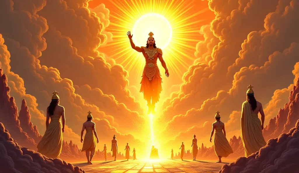 **Prompt:**  

_An Indian mythology comic-style scene depicting Surya Dev, radiant with a golden aura, standing in his celestial palace. Dressed in golden armor and a crown, he raises his hand, instructing his consorts, Chhaya and Maya, to descend to Earth...