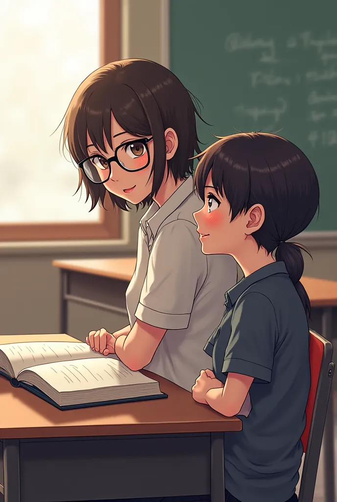 create a book cover containing two girls, namely Cupid and River. Cupid is a happy, cheerful girl, while River is a serious, mysterious type of girl. They are highschool girls. Make River sitting on a classroom table while reading a book, she's wearing eye...