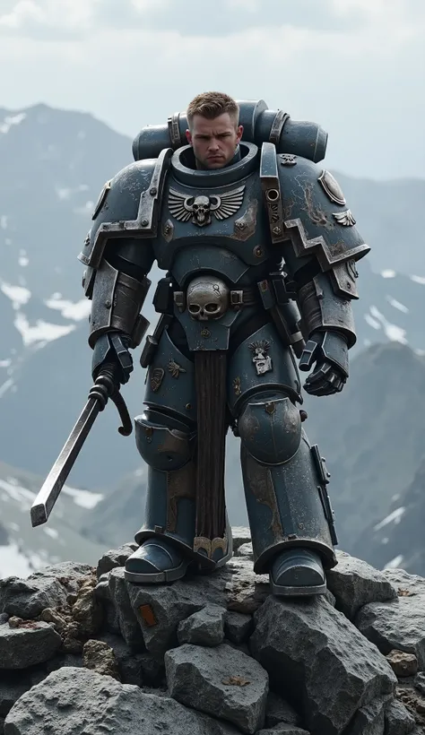 ((Hyperrealistic)) ((Photorealistic)) ((Masterpiece)) ((Professional)) Warhammer 40k Adeptus Astartes, Grey Wolves Space Marine on a mountain peak. The character is a young male without a helmet on his head. Add typical gray wolf trinkets to the armor that...