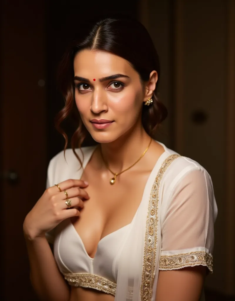 A woman wearing a traditional white Indian short sleeve choli blouse. she is unbuttoning her short sleeve choli blouse with her hand, cleavage seen, The choli blouse has delicate embroidery, enhancing the elegance of her attire. with the woman looking at t...