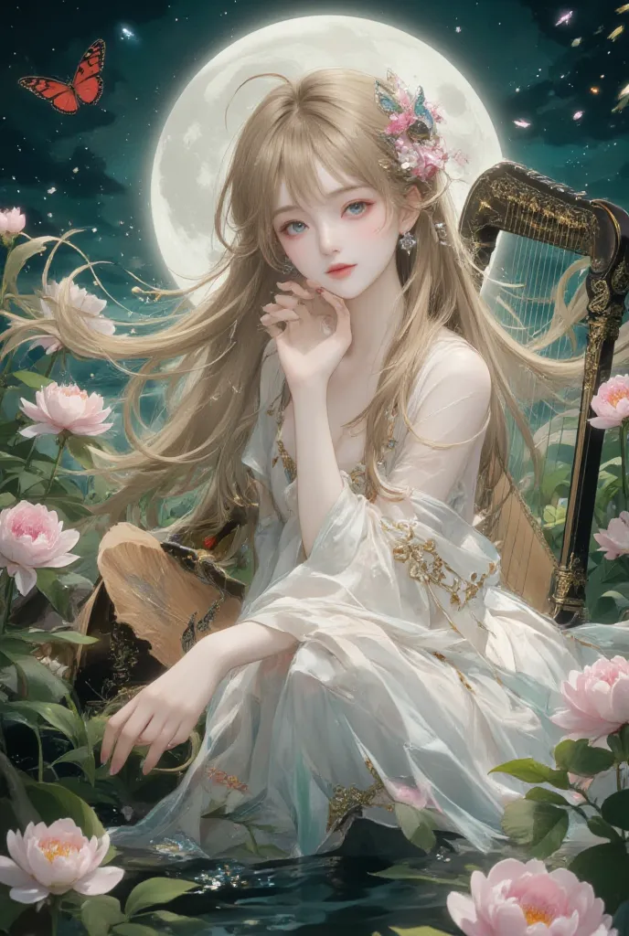 Golden-haired girl(release long hair)( jewel-like blue eyes, )There are pink peonies shining behind, there is a moon, and there are fireflies flying around the atmosphere at night, there is a red butterfly flying around the moon behind the night atmosphere...